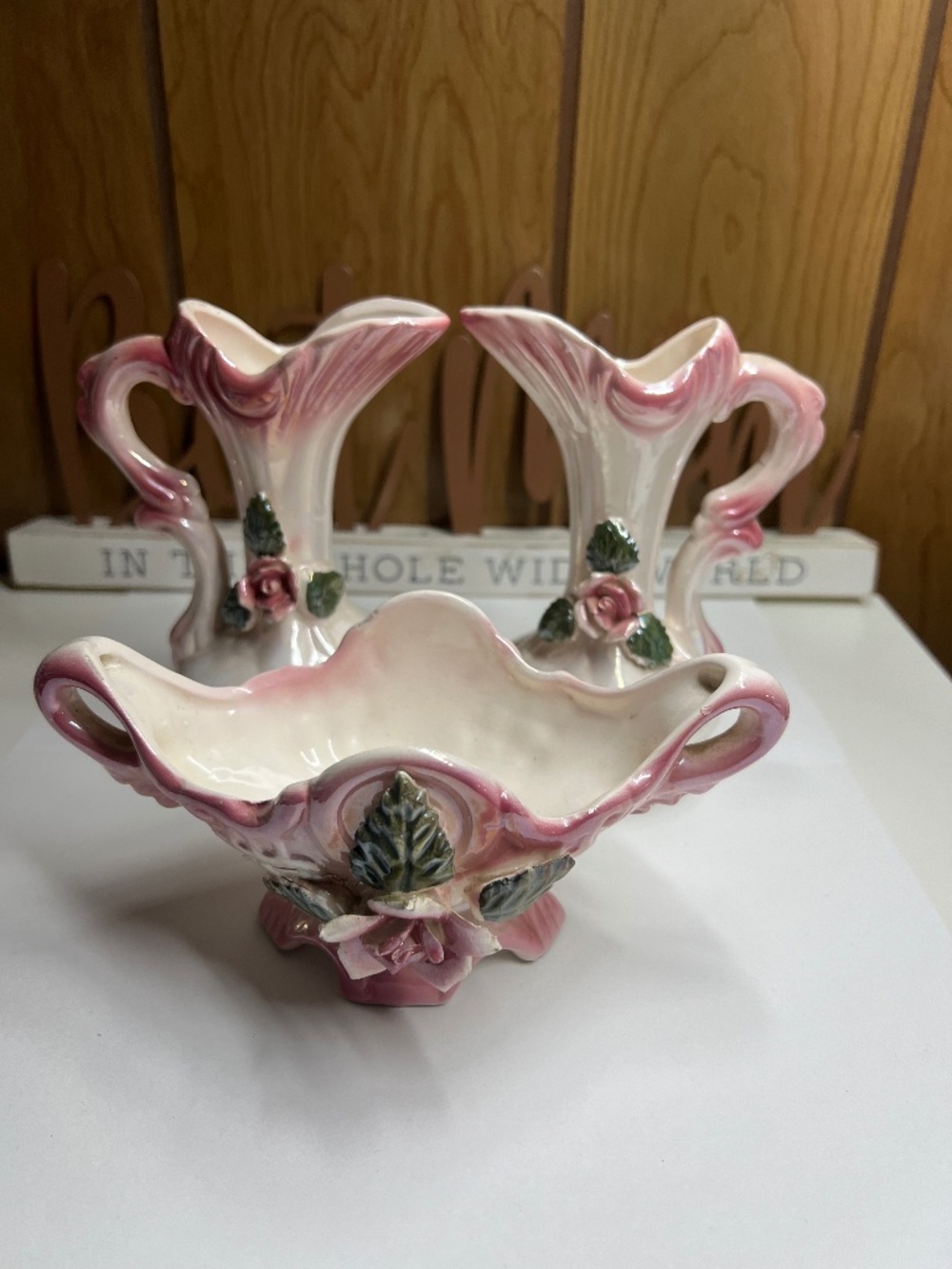 Vintage Sophia Ann Pearlized Iridescent Ceramic Vases Bowl Set Pink Roses 3Pc
